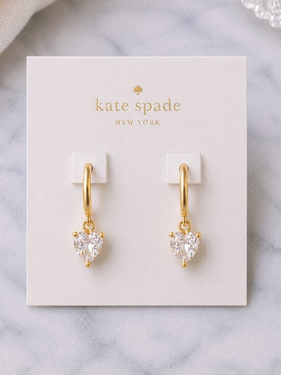 kate spade Jewelry - Kate Spade Crystal Heart Drop Earrings Gold Hoop Dangle Romantic